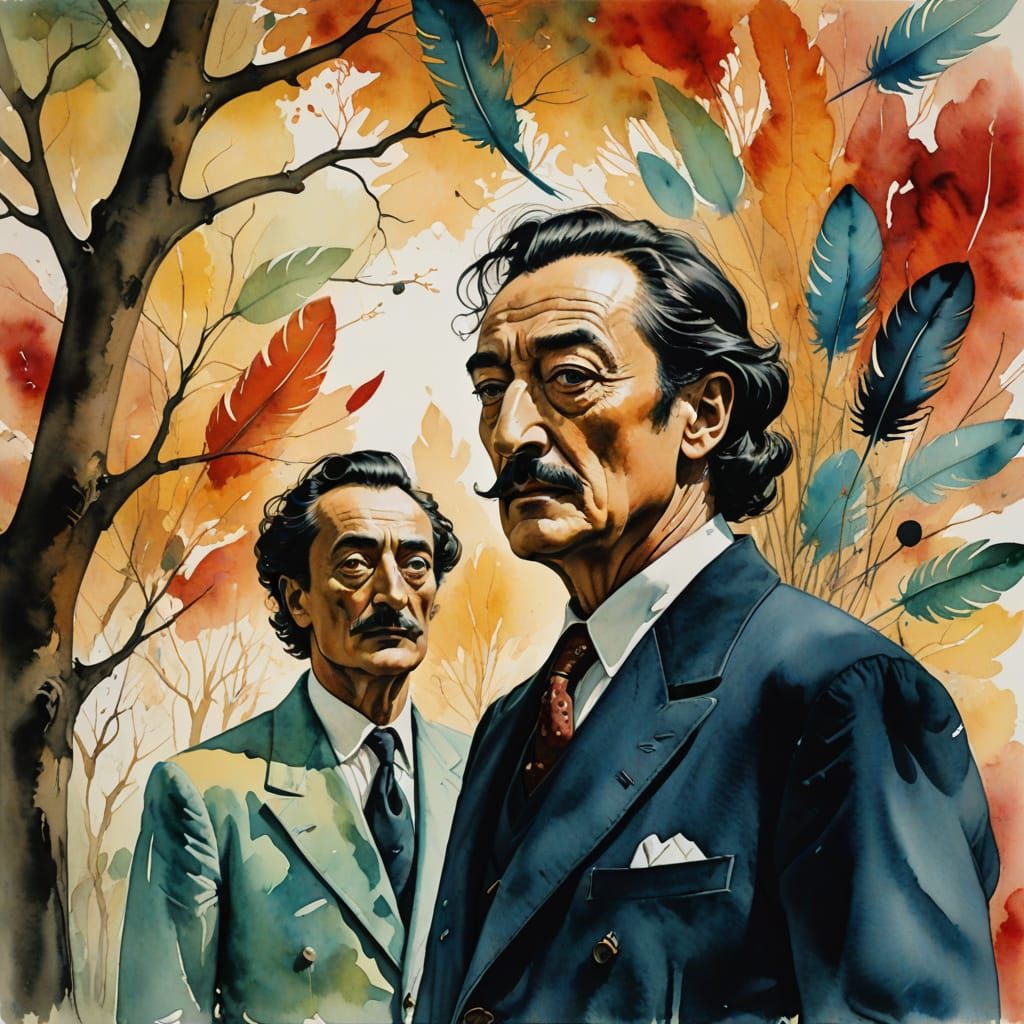 Surreal Watercolor Tree with Iridescent Feathers