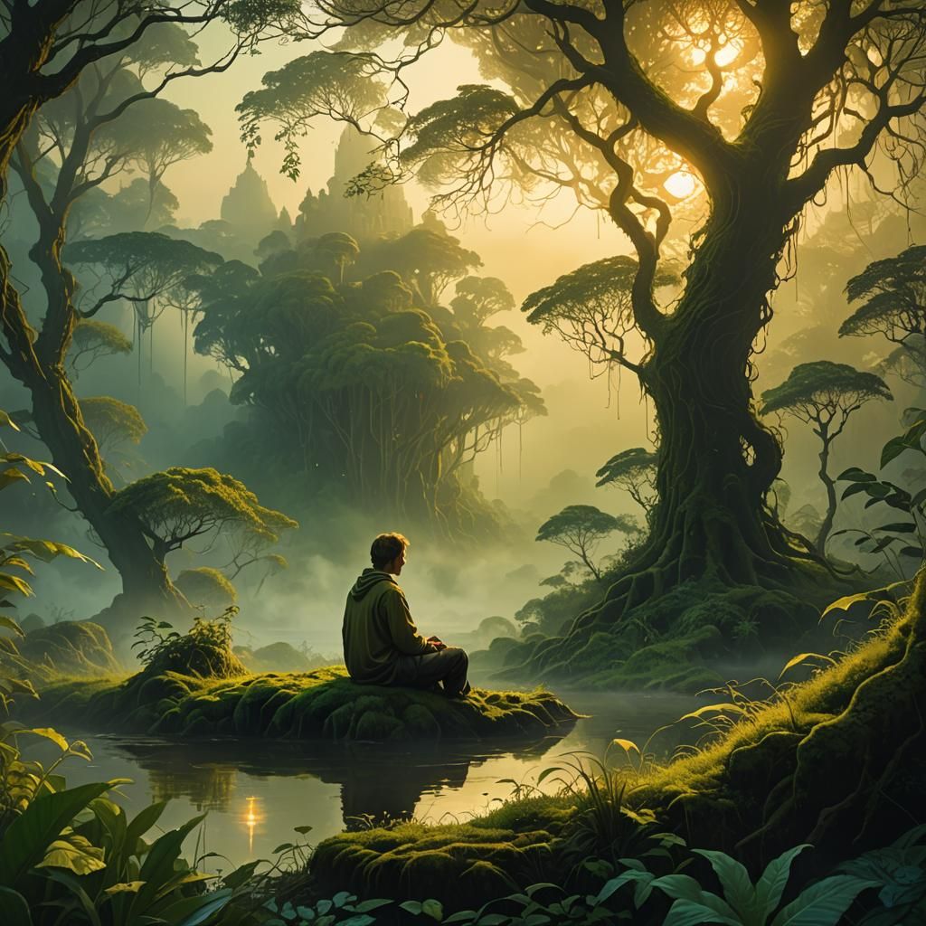Serene Meditation in Surrealist Fantasy Landscape