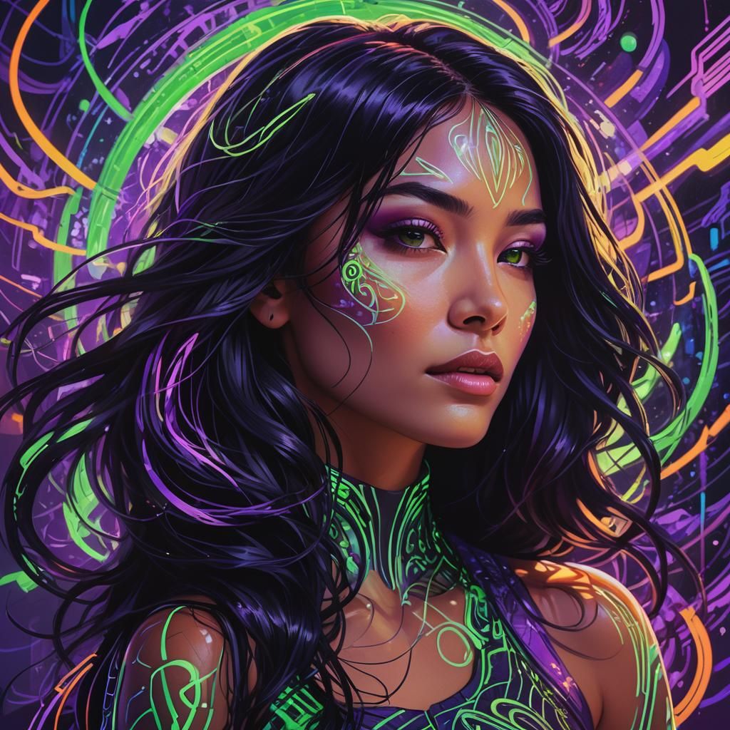 Neon Fantasy Portrait of Woman in Futuristic Style