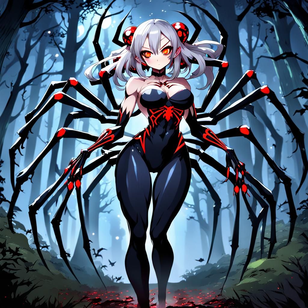 Muscular Arachne Girl in Magic Forest, Anime Style