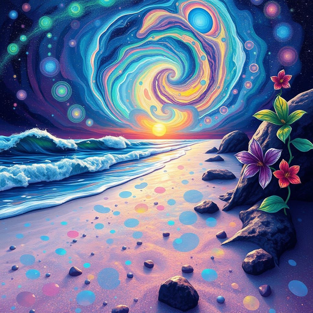 Whimsical Beach Scene in Swirling Nebula