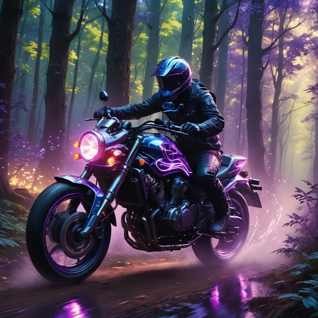 Neon Motorbike Speeds Through Mystical Forest