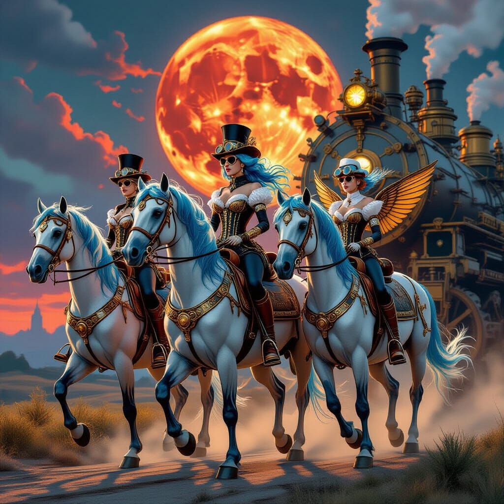 Steampunk Ladies Ride Silver Horses Under Red Moon