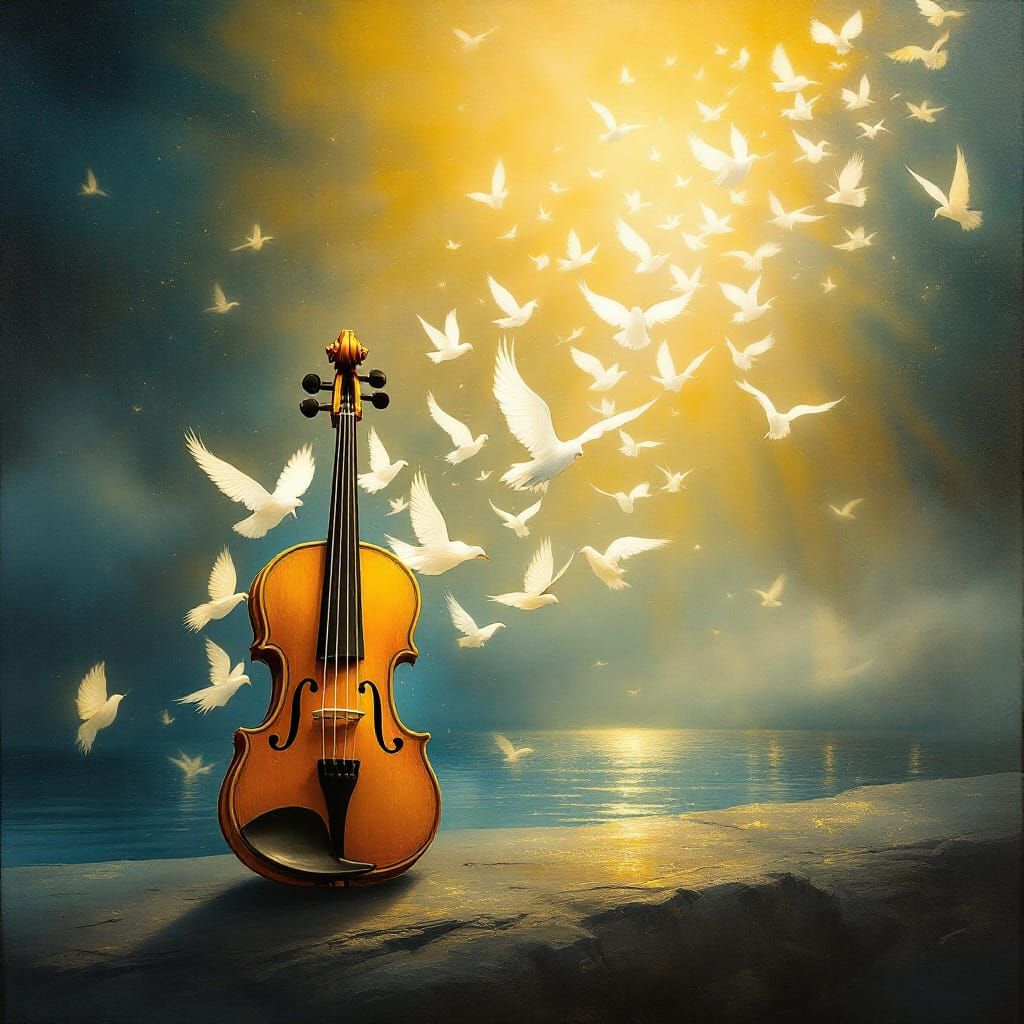 Violin Transforms into Birds of Freedom in Golden Light