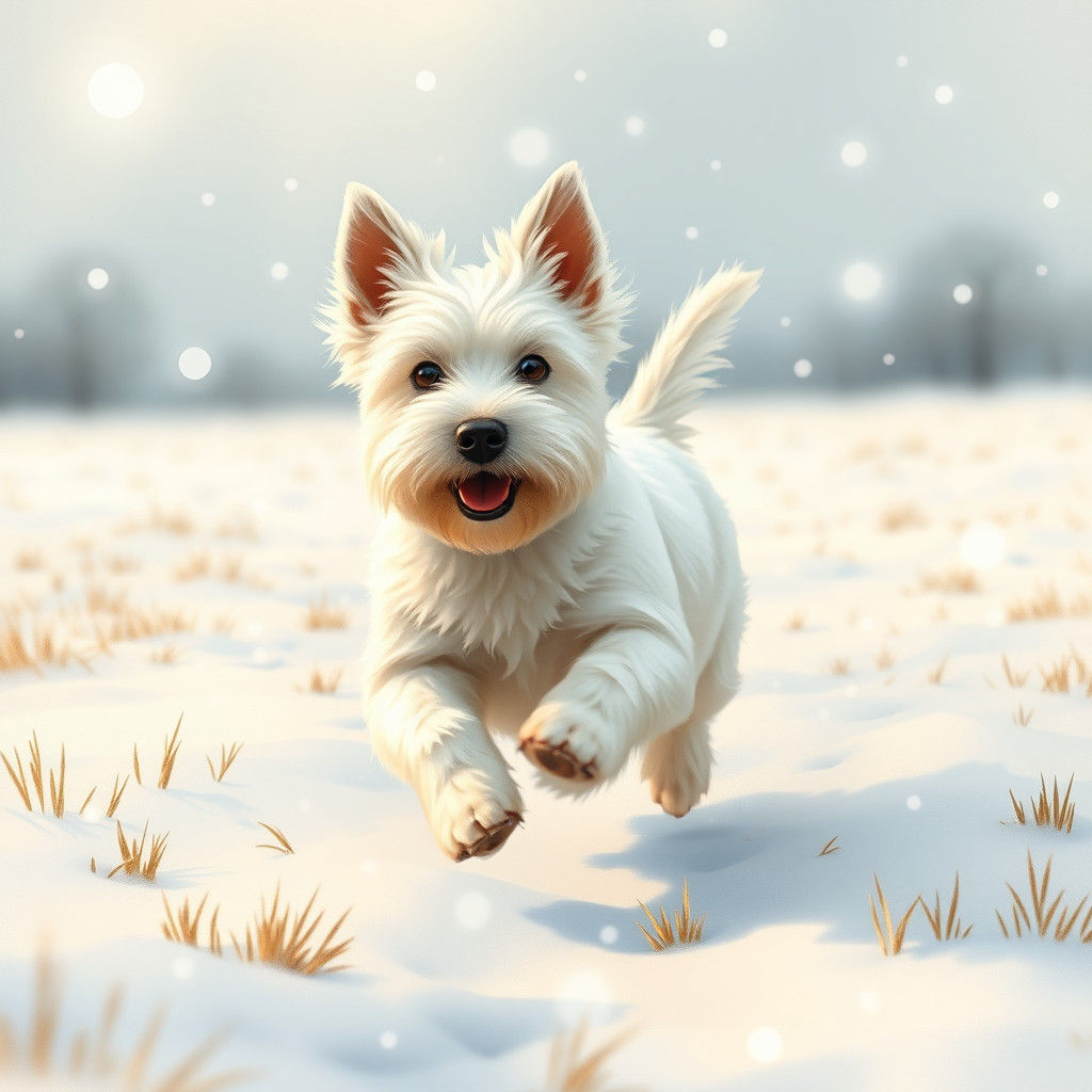 Westie Puppy Running in Winter Wonderland: Watercolor Style