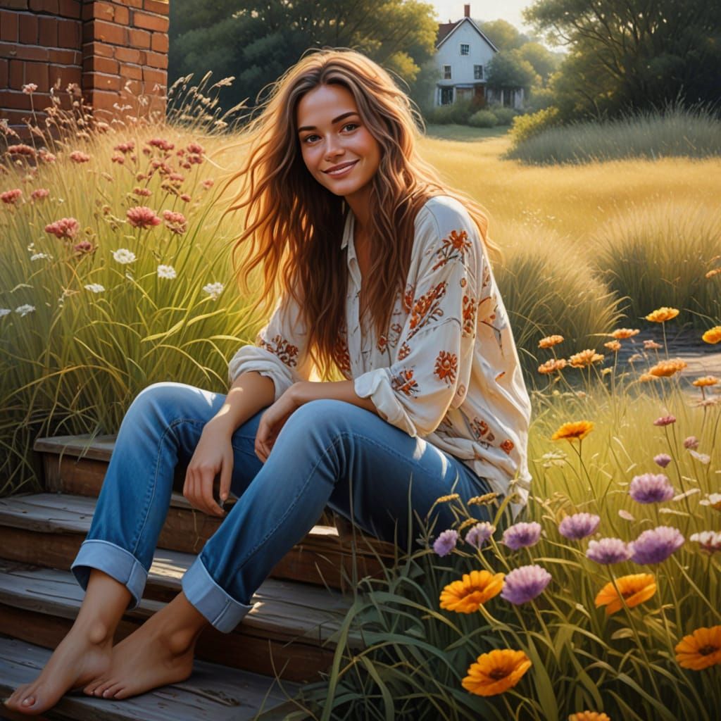 Hippie Girl with Wildflowers in Impasto Oil Painting