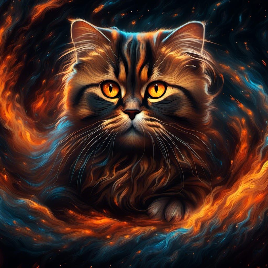 Fiery Scottish Fold Cat in Digital Painting Style