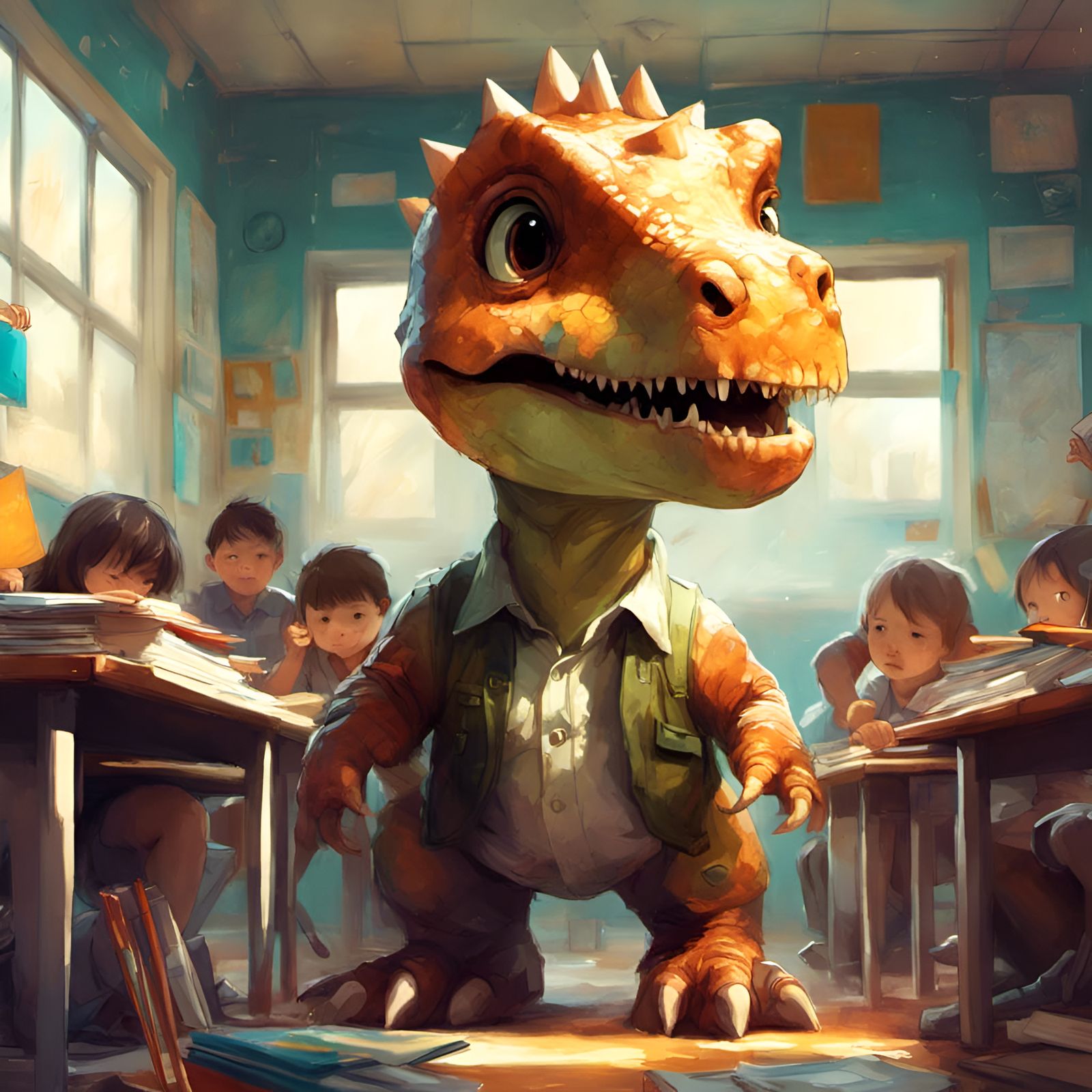 Chibi Dinosaur in School, Detailed 3D Render