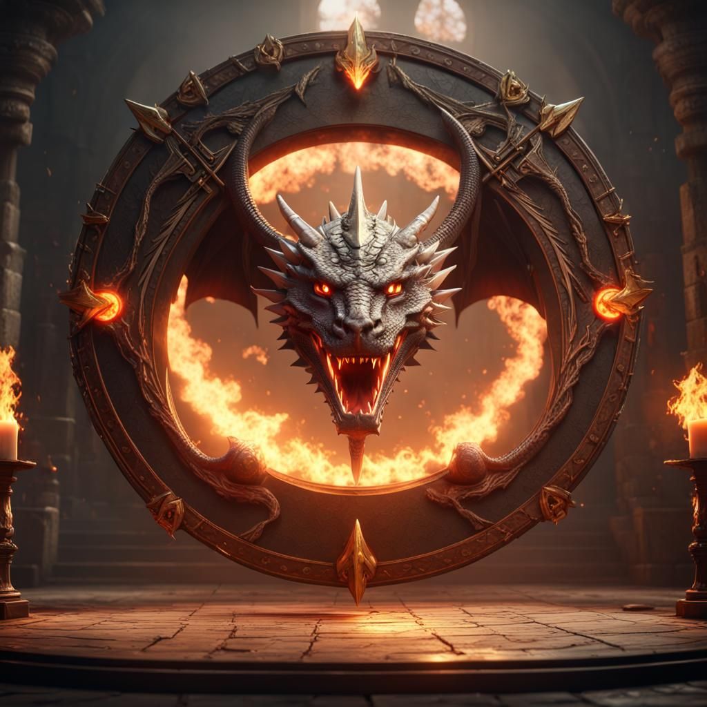 Fiery Dragon Head Emblem with Crossed Swords