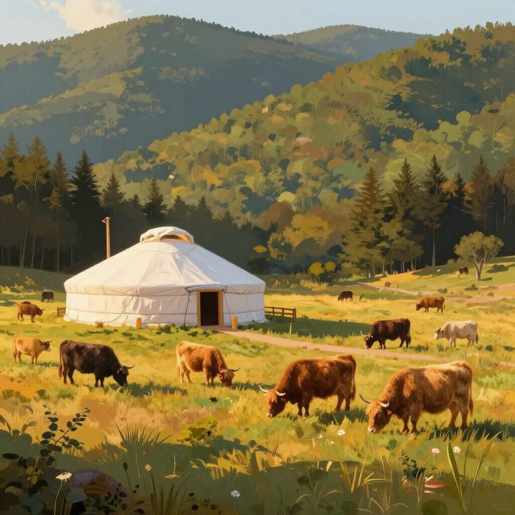 Yurt and Highland Cattle in Golden Appalachian Hills