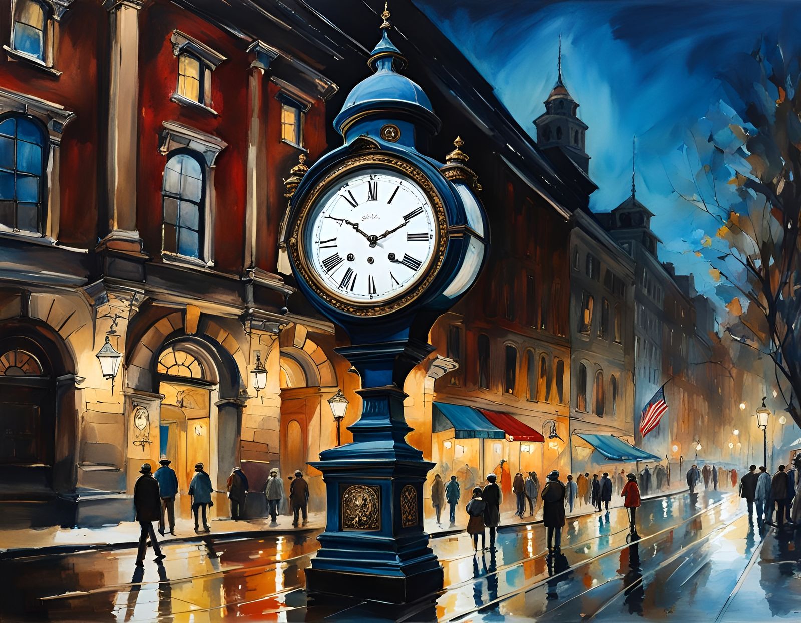 City Hall Clock Tower: Film Noir Gouache Painting