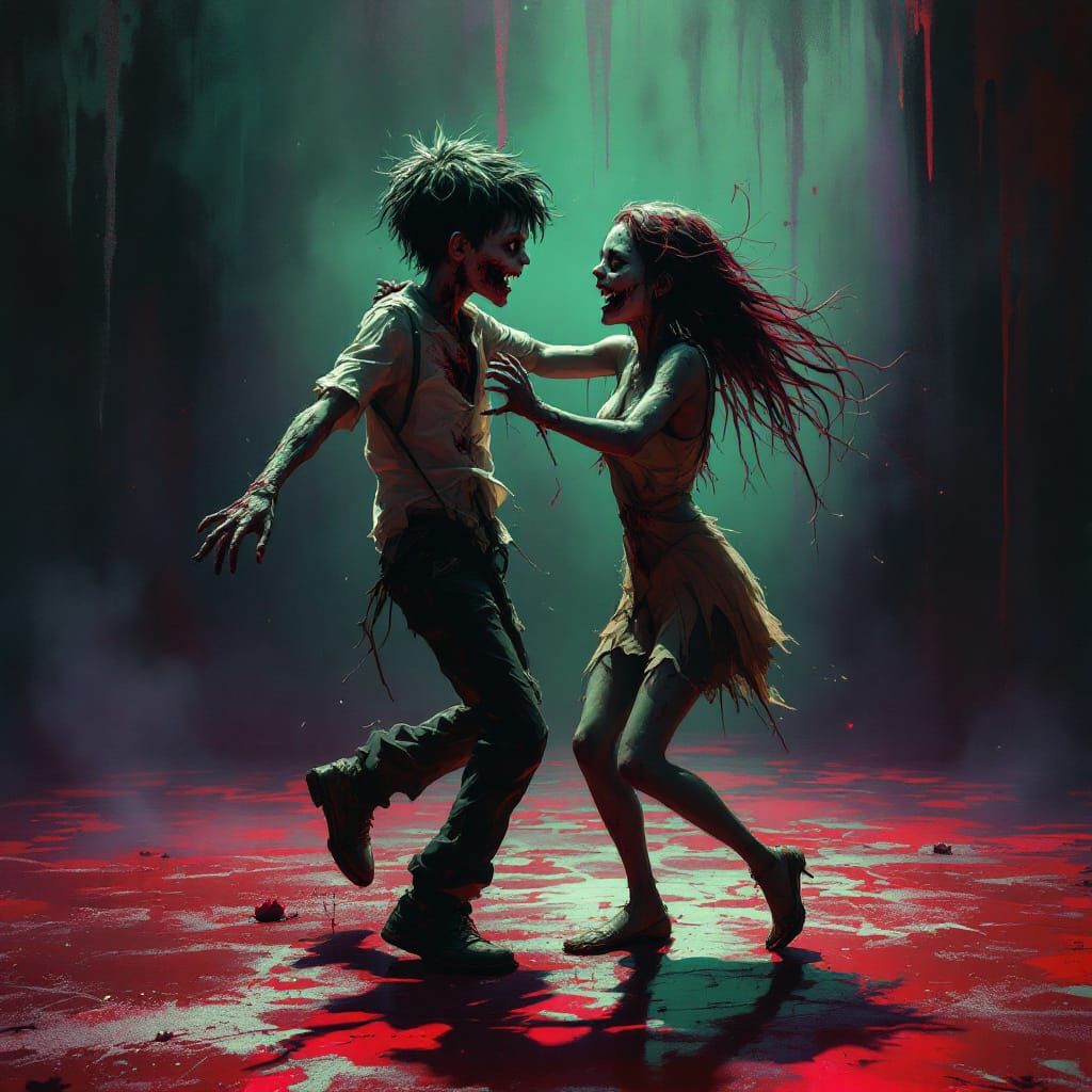Zombie Couple Dancing on Red Floor in Dark Fantasy Style