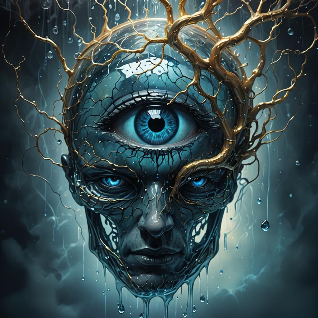 Glass Brain in Foggy Cityscape: Dark Fantasy Illustration