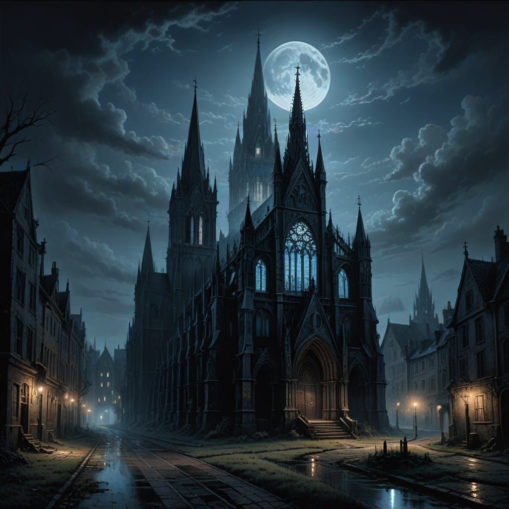Gothic Cathedral at Dusk in a Mystical Atmosphere