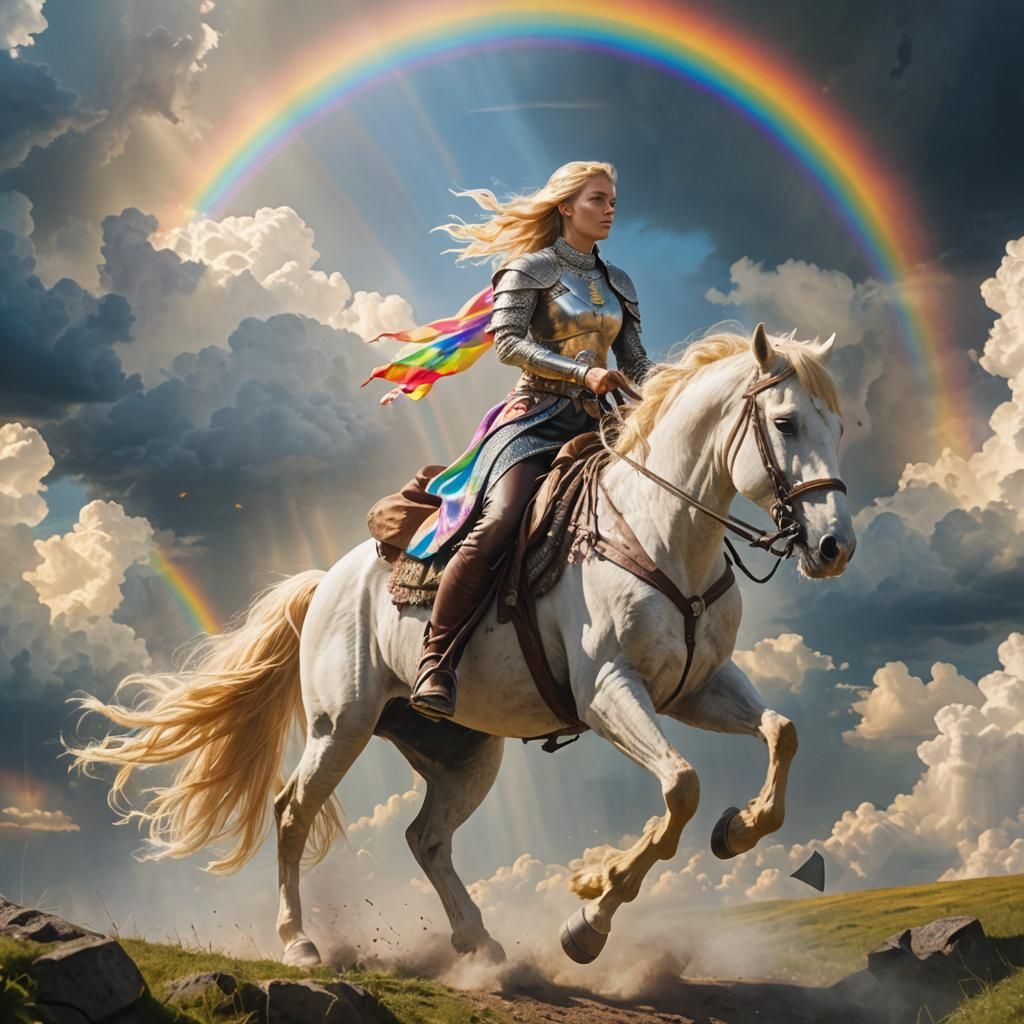 Blonde Warrior Queen Rides Horse in Sunshine