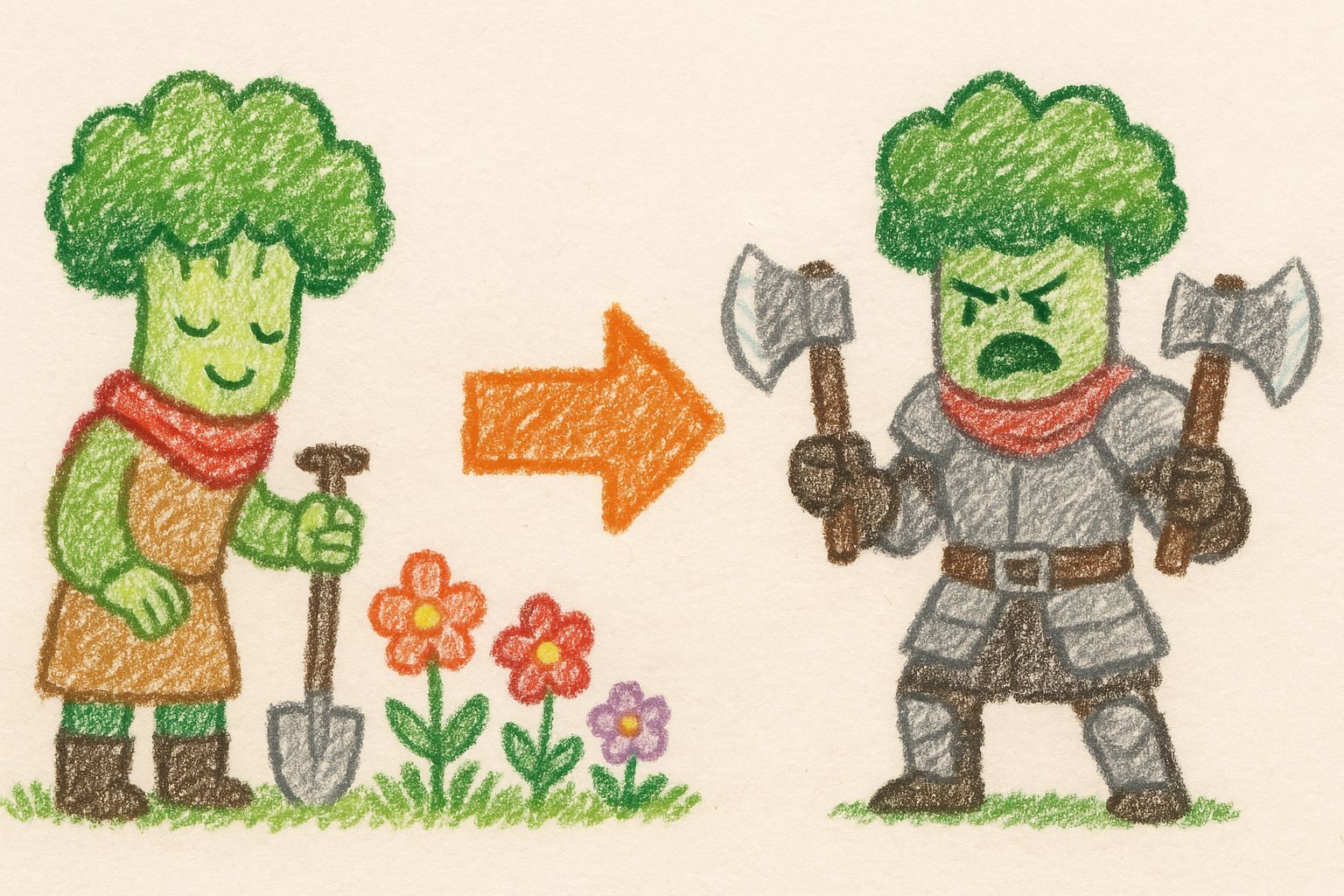 Broccoli Gardener Becomes Warrior in Crayon Drawing