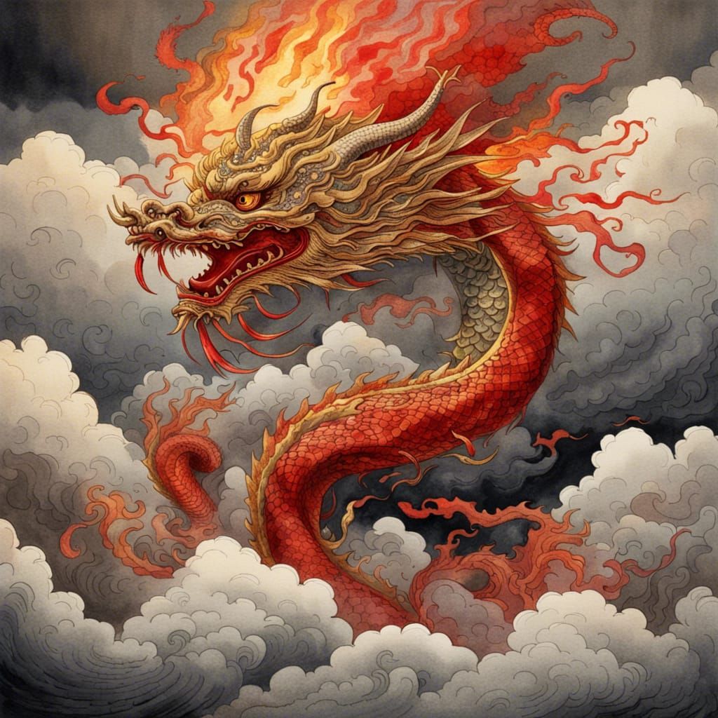 Japanese Dragon Emerges from Clouds in Watercolour Style