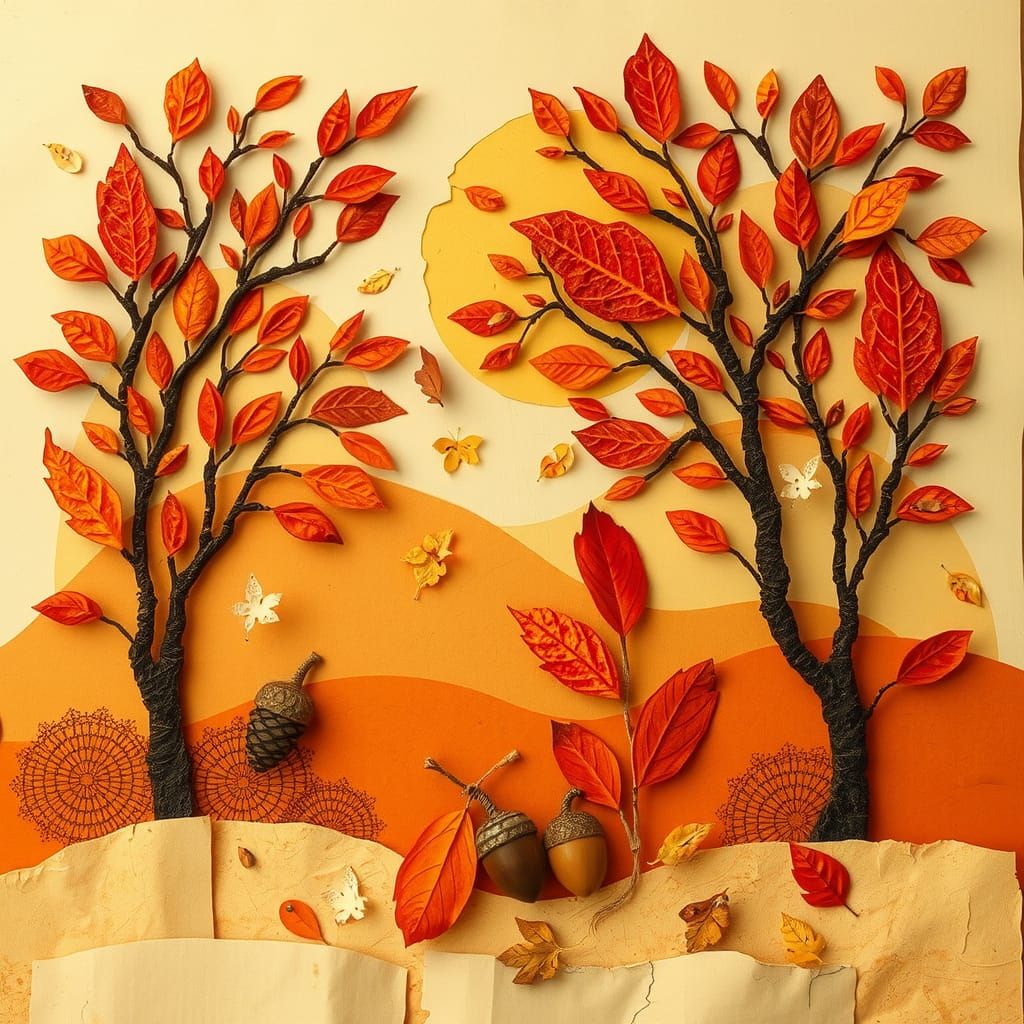 Autumn Paper Collage Landscape in Folk Art Style