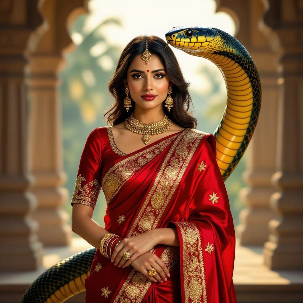 North Indian Woman with Cobra in Hyper-Realistic Style