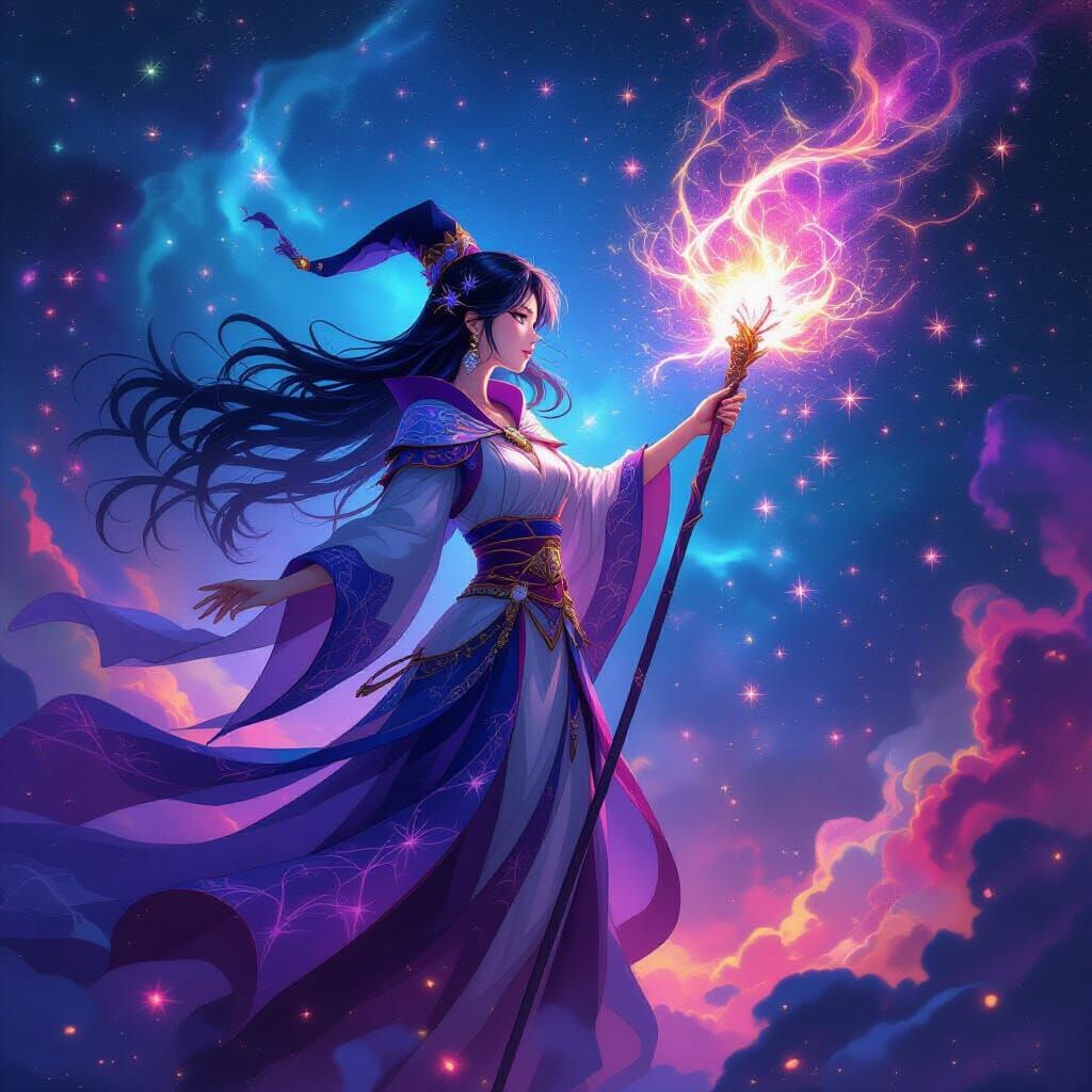 Cosmic Sorceress Captures Ethereal Gems in Nebula