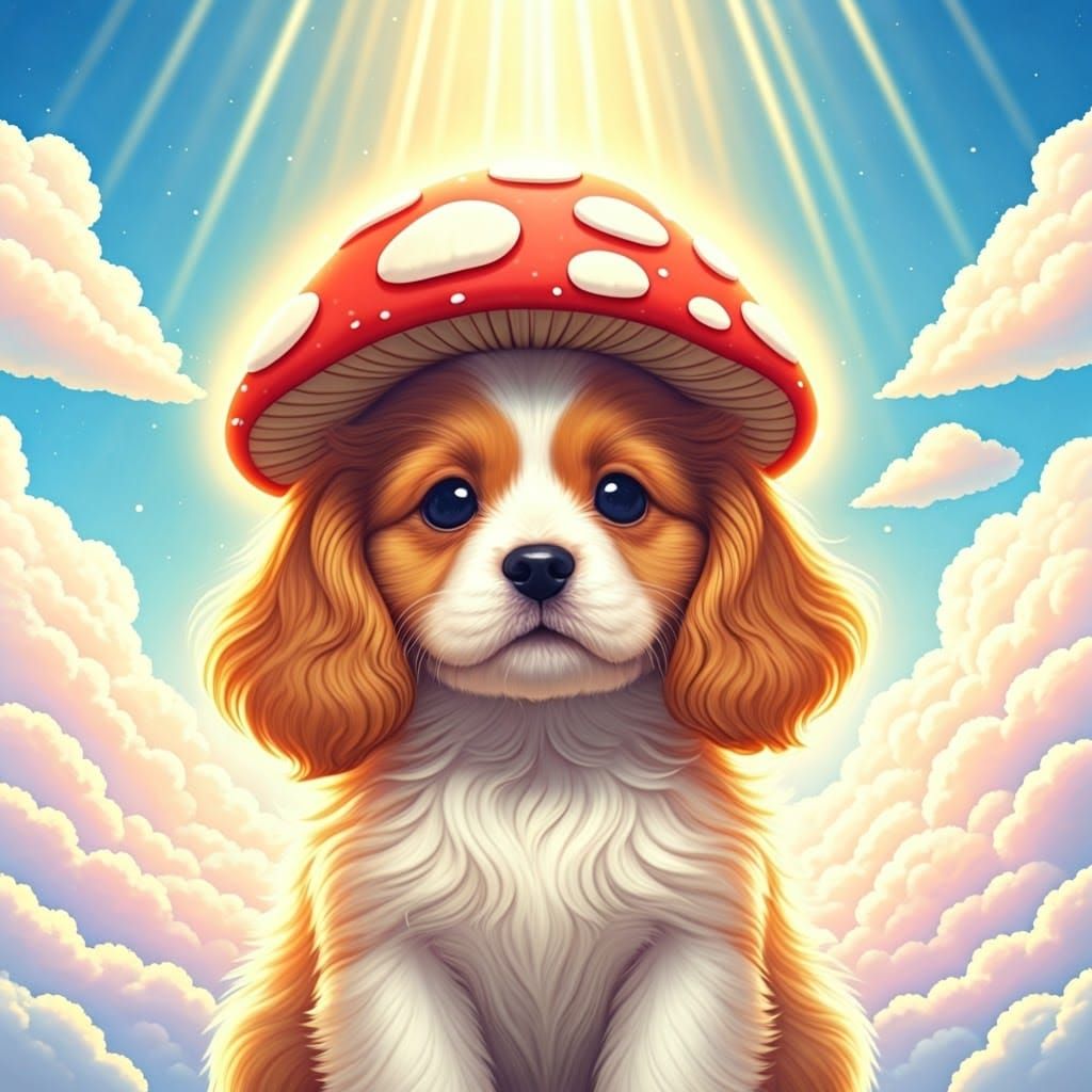 Kawaii Dog in Mushroom Hat, Dreamy Illustration