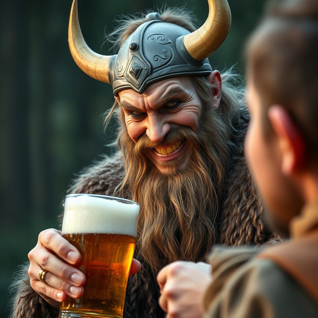 Friendly Viking Offers Beer with a Smile