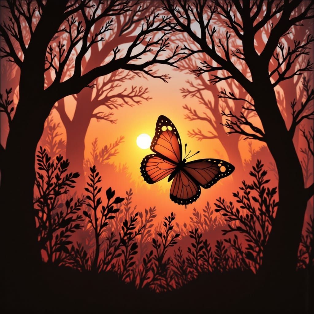 Butterfly Backlit by Setting Sun in Papercut Style