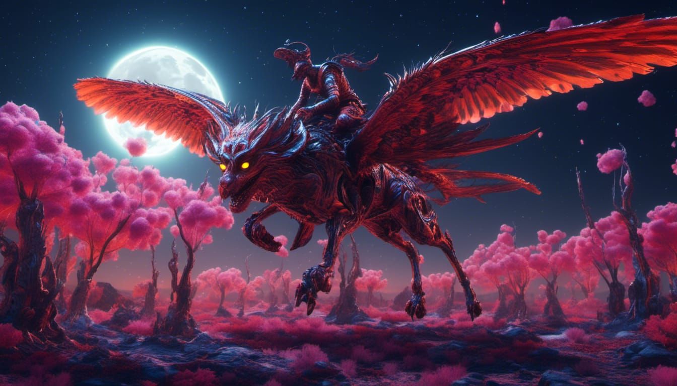 "A fantastical fantasy flying beast flying around the moon" 8k resolution concept art <lora:SuperHyperrealism:1.0> Hyper...