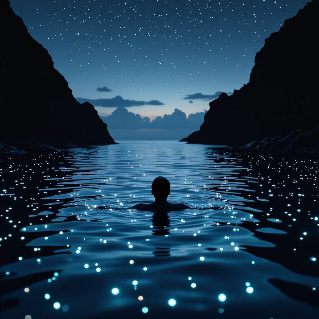 Serene Figure in Bioluminescent Pool by Midnight Ocean