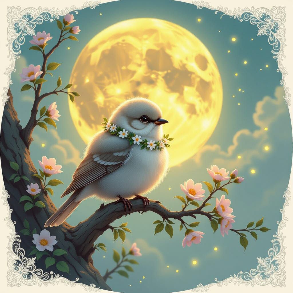 Fluffy Bird on Branch with Flowers and Moon, Ethereal Mist