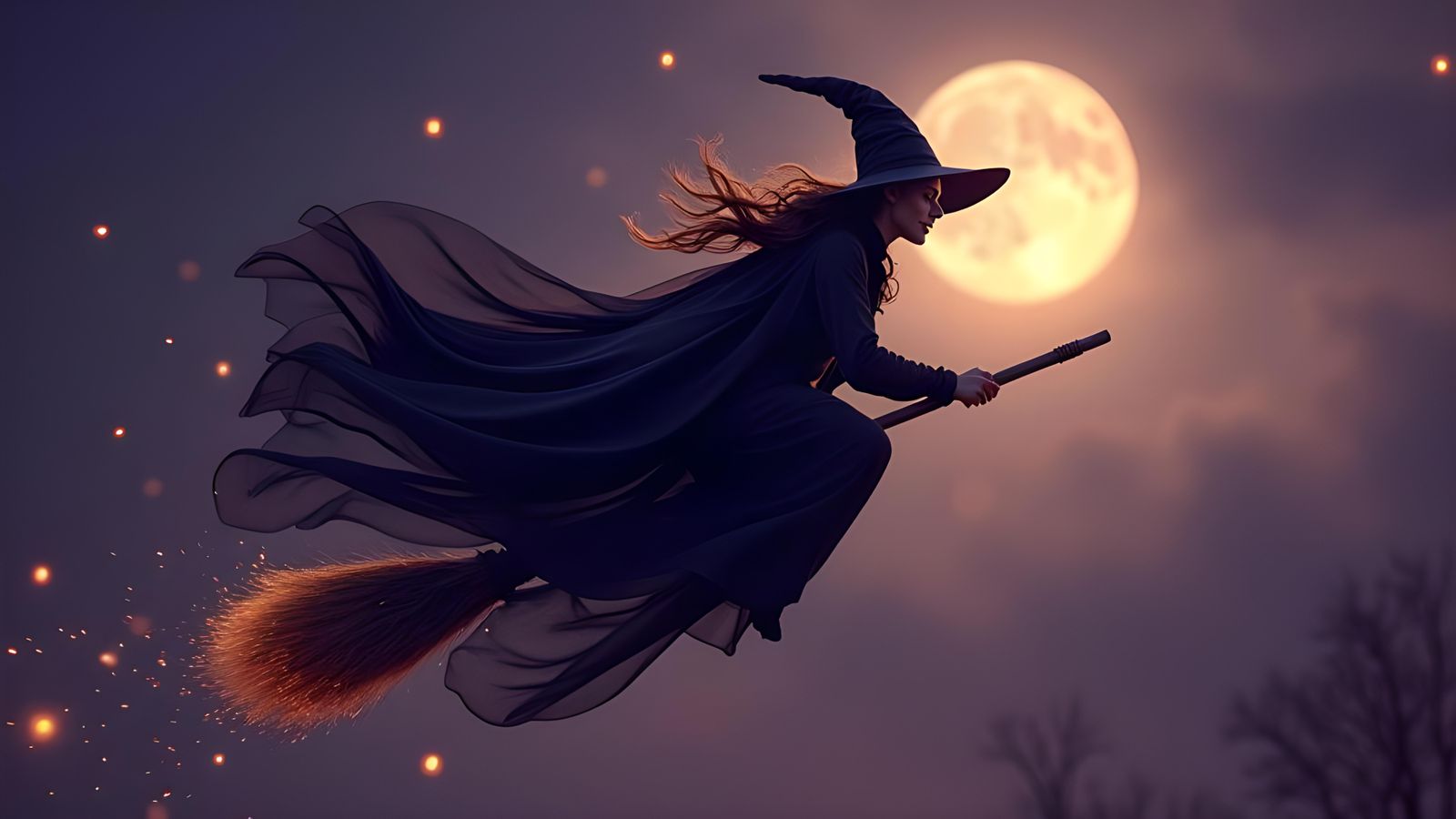 Whimsical Witch Soaring Under a Silver Moon