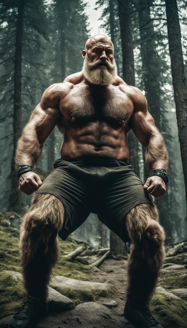 Hairy Man Dominating Grizzly Bear: Cinematic Film Still