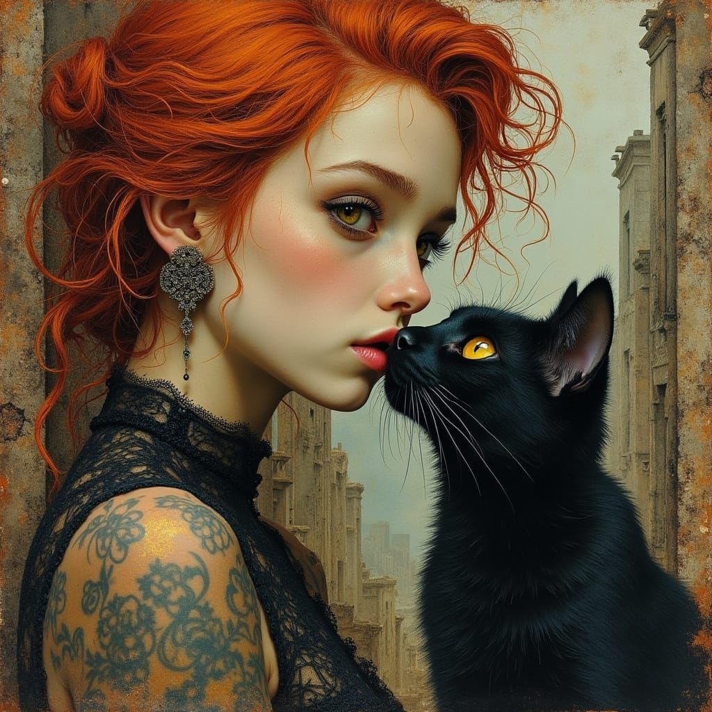 Redhead Witch Portrait with Black Cat on Tea-Stained Parchme...