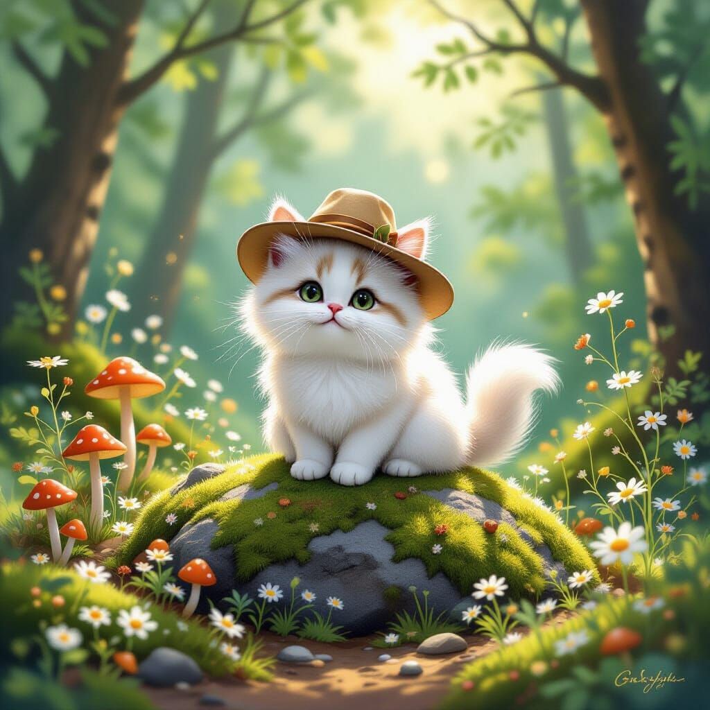 Fluffy Cat Explorer in Enchanted Forest Glade