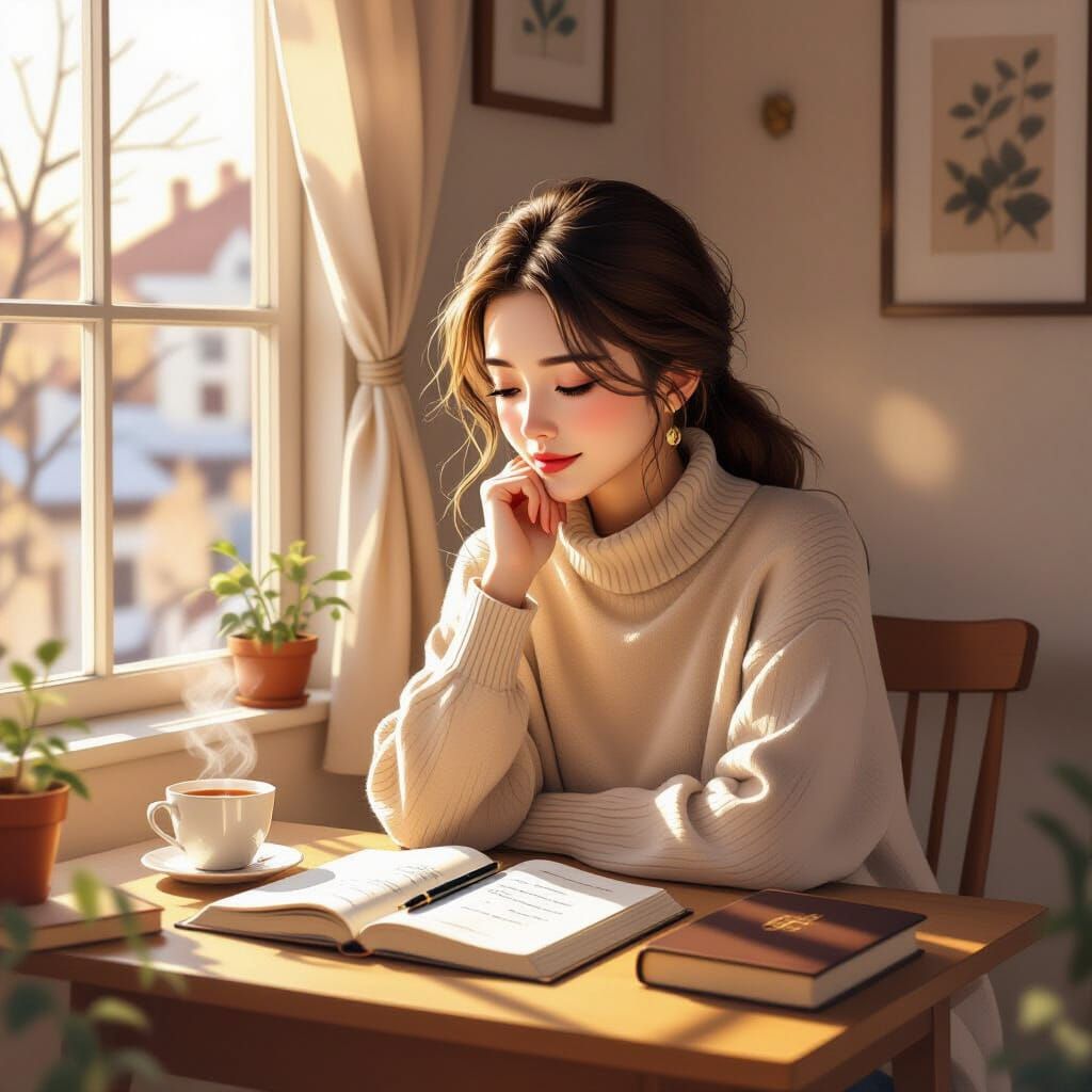 Serene Woman in Sunlit Studio, Watercolor Style