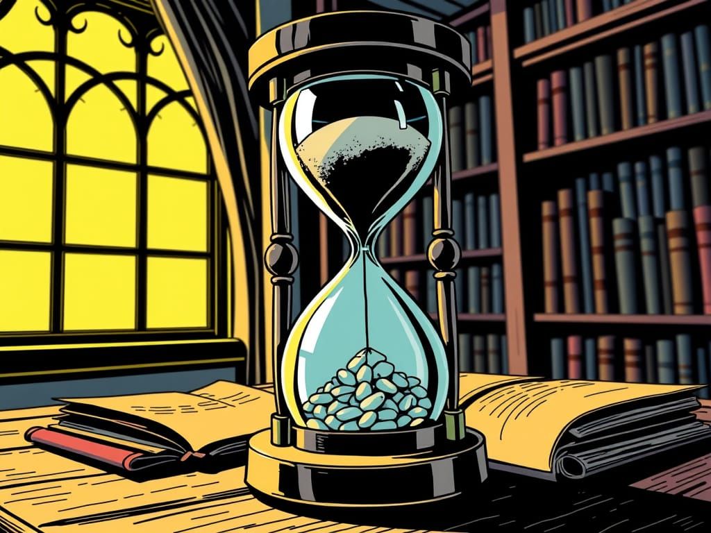 Retro Comic Book Style Hourglass on a Library Table