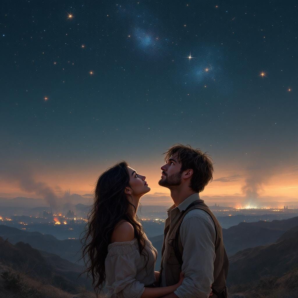Embracing Couple Under Starry Sky, Digital Painting