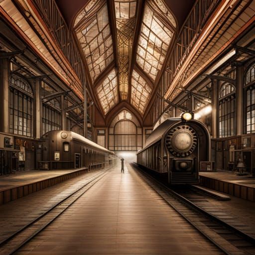 Steampunk Engine at Train Station