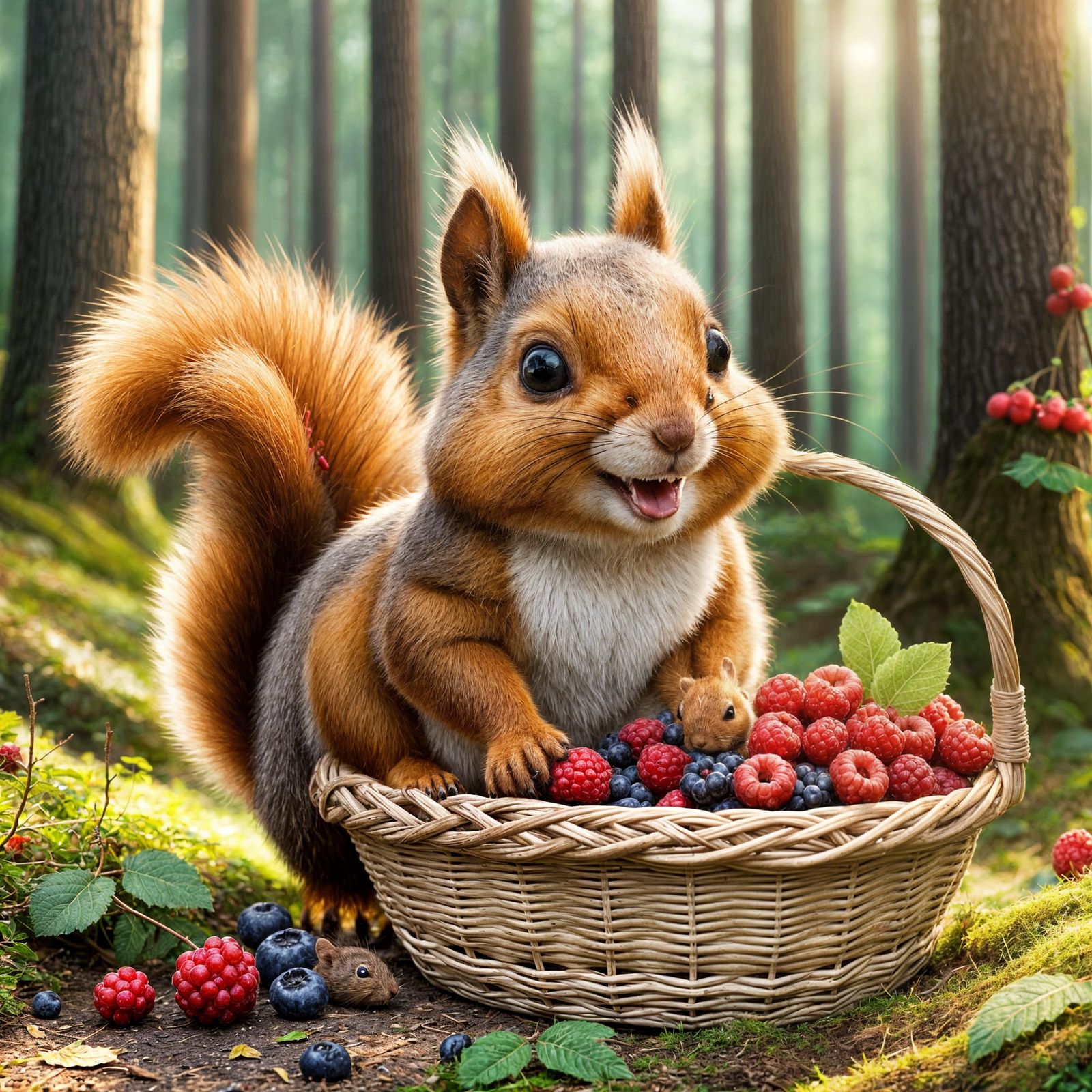 Cute Squirrel Surrounded by Luscious Berries in a Sunny Fore...