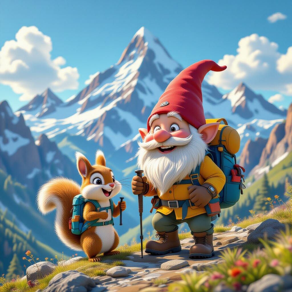 Gnome and Squirrel Hike a Miyazaki-esque Mountain