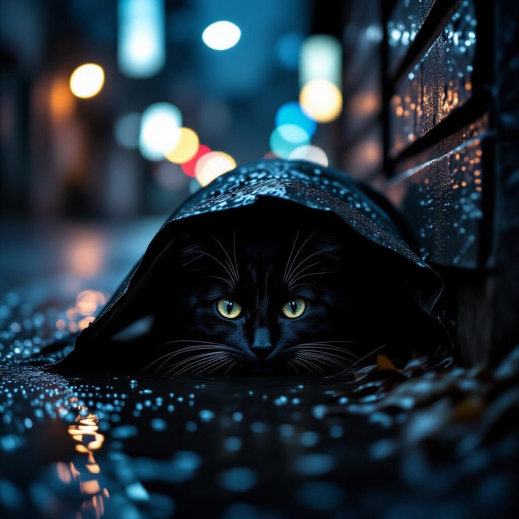 Stray Cat Silhouette Portrait in Rainy Cityscape
