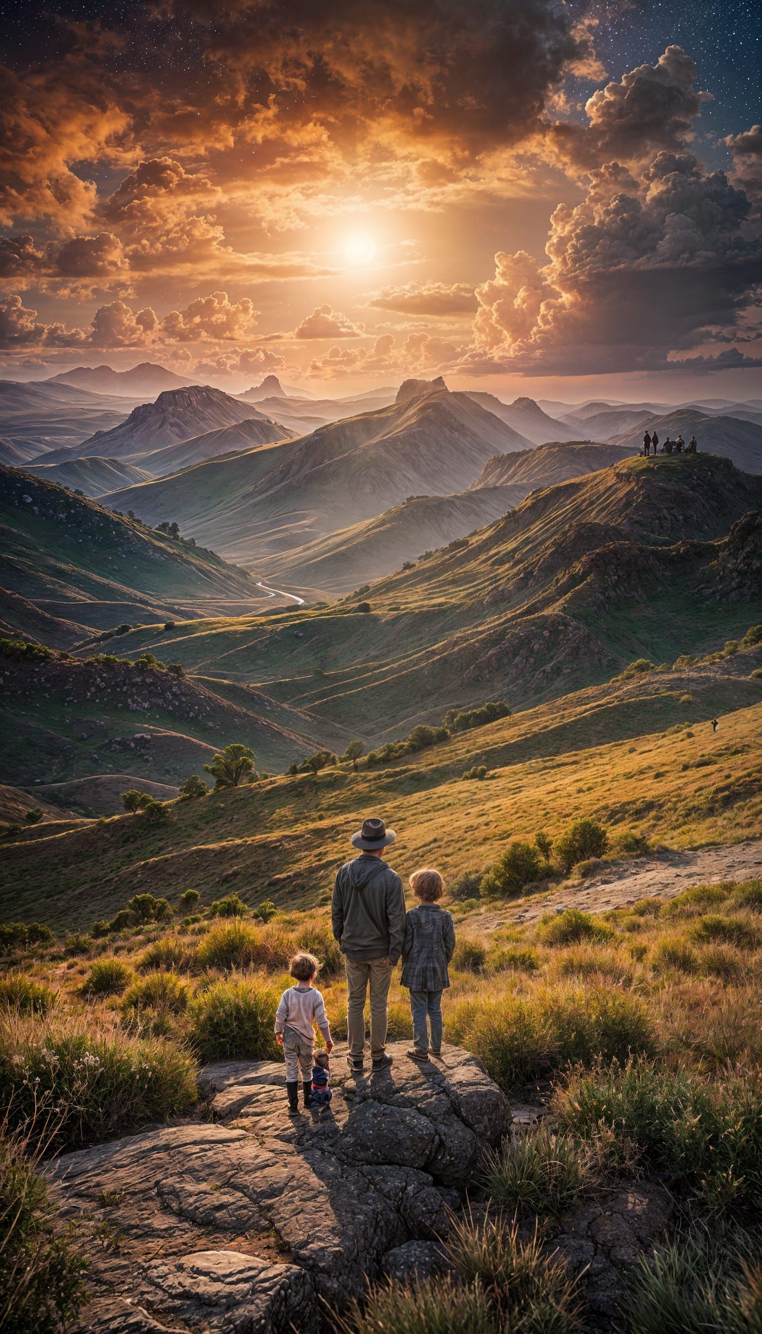 Dreamy Family Gazes at Starry Night Sky