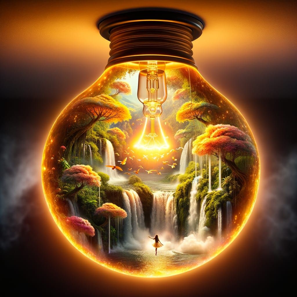 Golden Light Bulb Reveals Tropical Waterfall