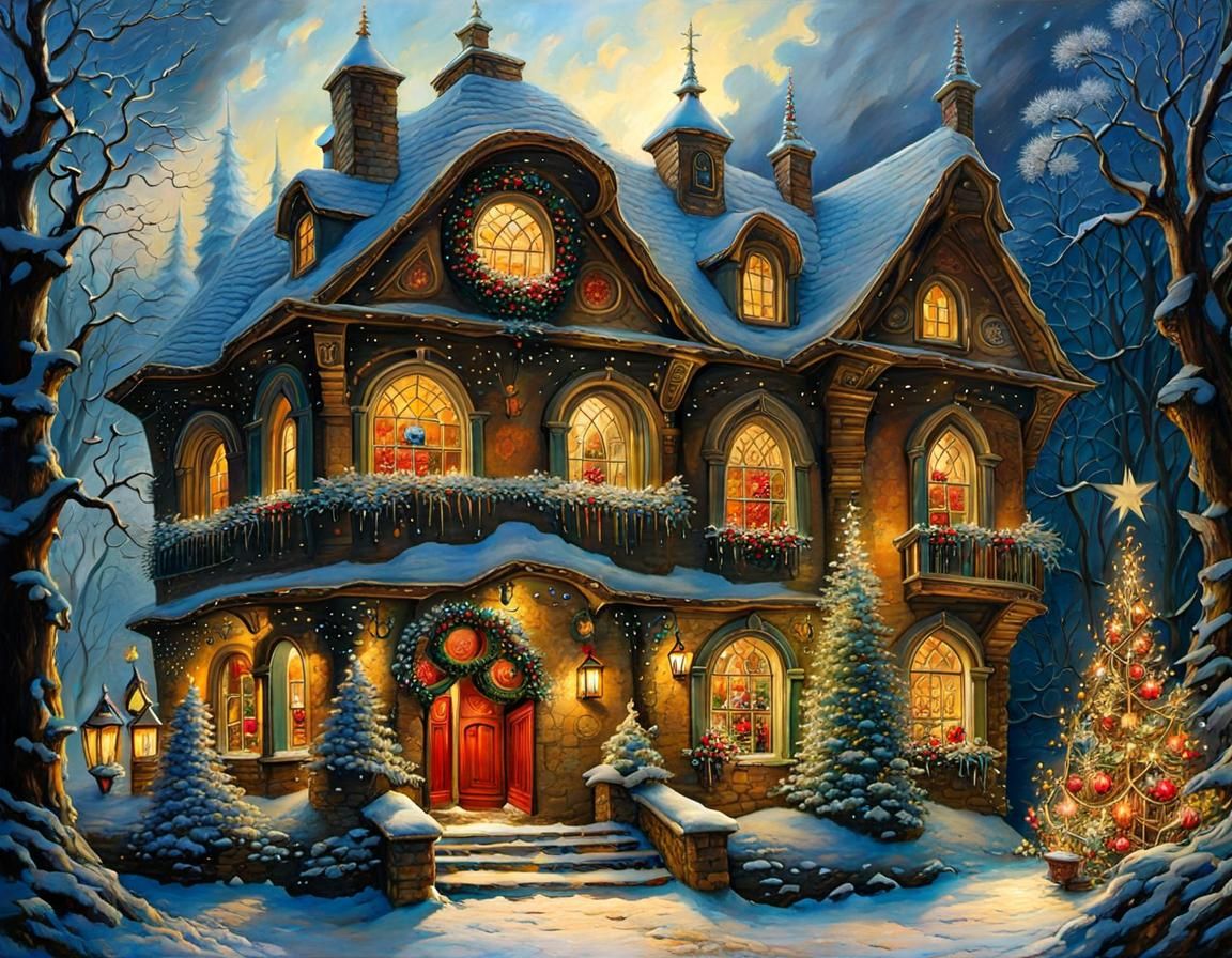 Beautiful Country House Adorned Outside for Christmas