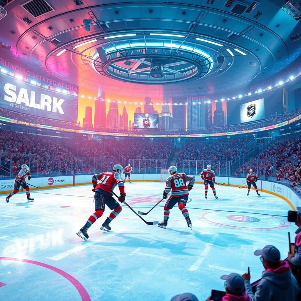 Futuristic Hockey Arena with Holographic Players in High-Tec...