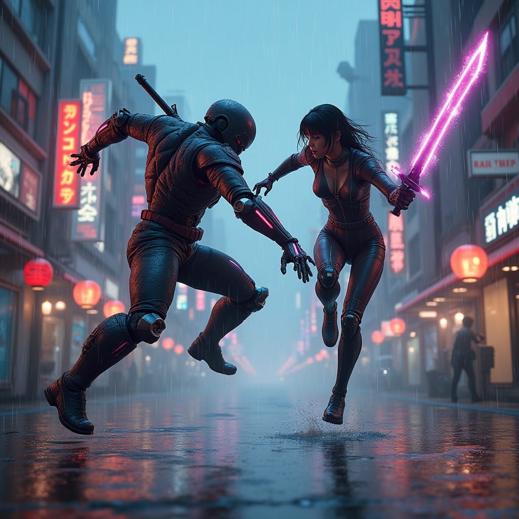 Cyberpunk Ninjas Clash in Neon-Drenched Neo-Tokyo