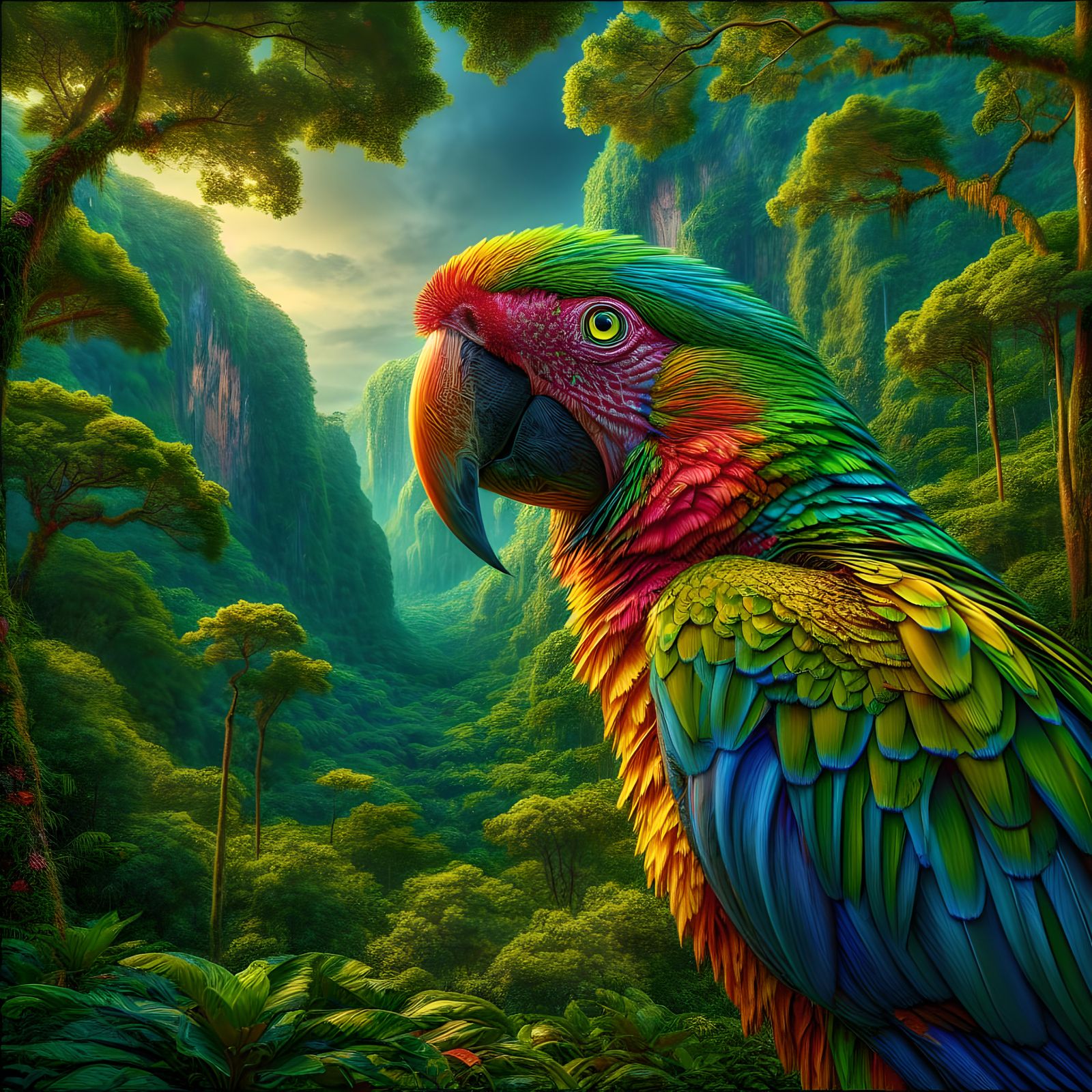 Vibrant Parrot in Lush Jungle, Hyperrealistic HDR Image