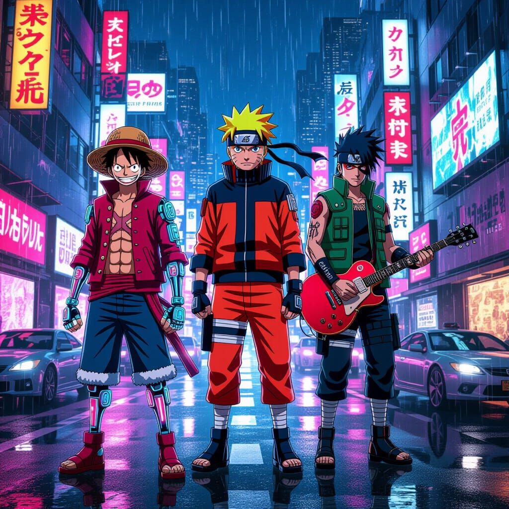 Cyberpunk Anime: Luffy, Naruto, and Johnny in Tokyo