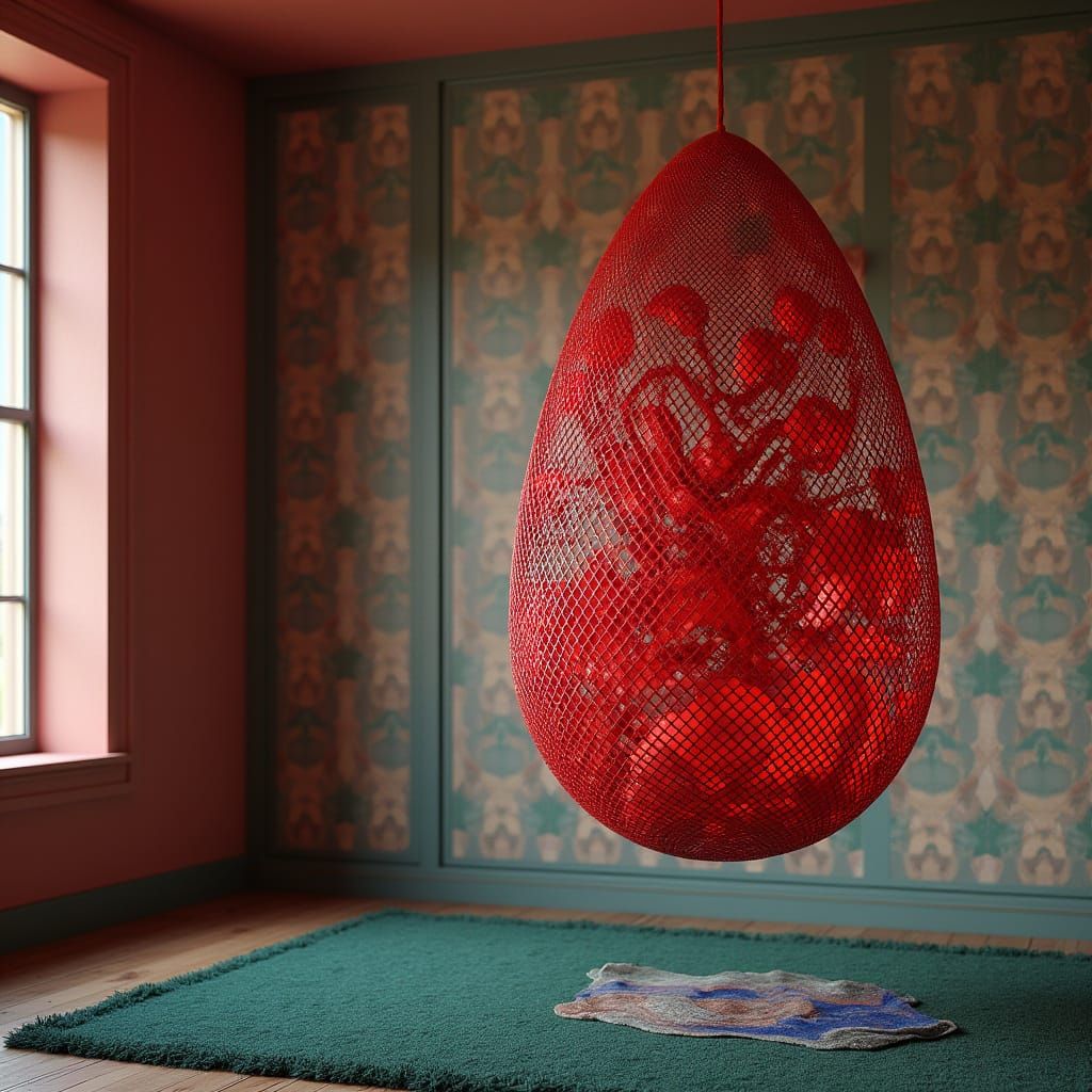 Red Egg-Shaped Sculpture in a Patterned Room