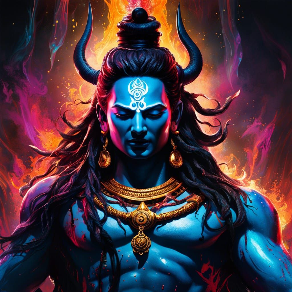 Horrific God Shiva in Agony: Hyperrealistic Splash Art